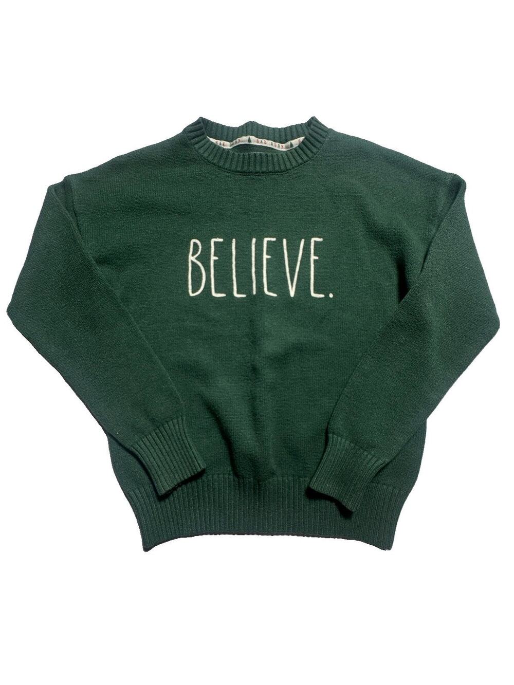 Rae Dunn Believe Sweater Women’s Small Green Crewneck Pullover Christmas